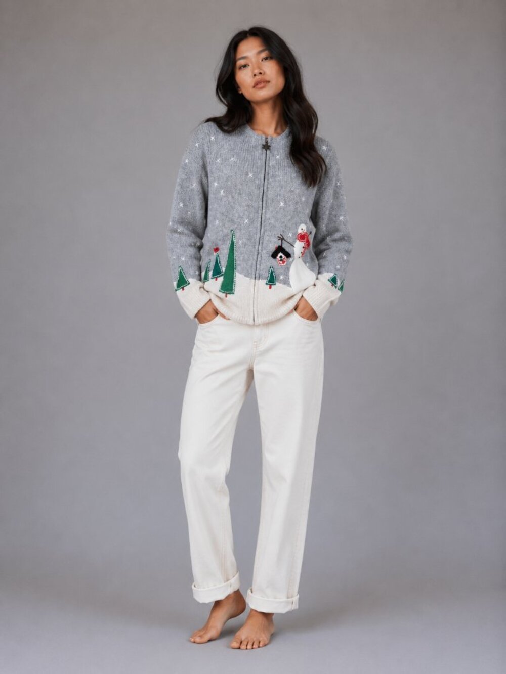 Ugly wool Christmas Northern Isles Zip Cardigan W/L Grey Snowman 130164 LN/NWOT